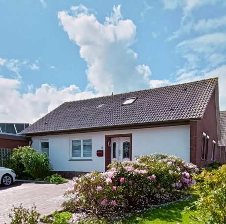 Ein einstöckiges Haus mit Garten und rosafarbenen Blumen unter einem wolkigen Himmel.